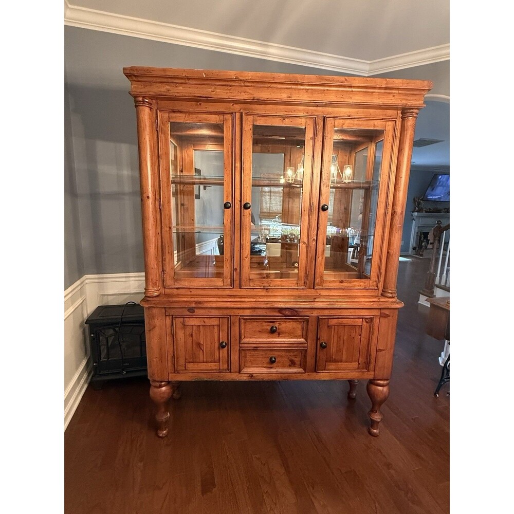 Pure Pine Wood Glass 2pc Hutch 20th Century Vintage